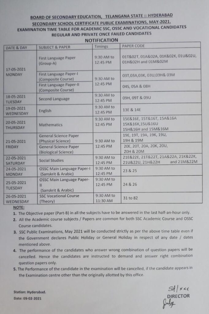 Ts Ssc 10th Class Exams 2021 Time Table Telangana Class X Exam Dates