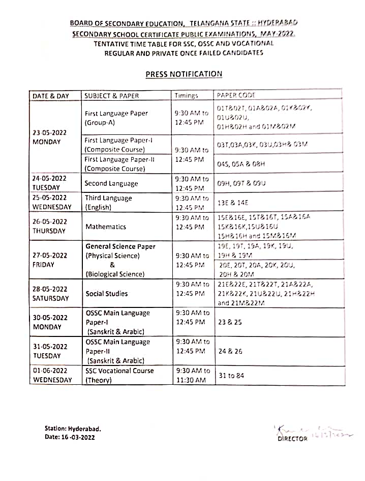 Ts Ssc 10th Exams May 2022 Revised Time Table Bse Telangana Schedule