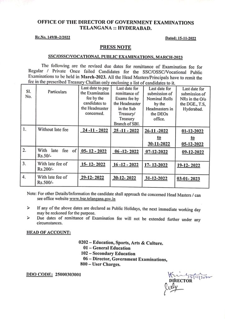 Ts Ssc 10th April 2023 Exams Fee Due Dates 2023 Fee Details Challan