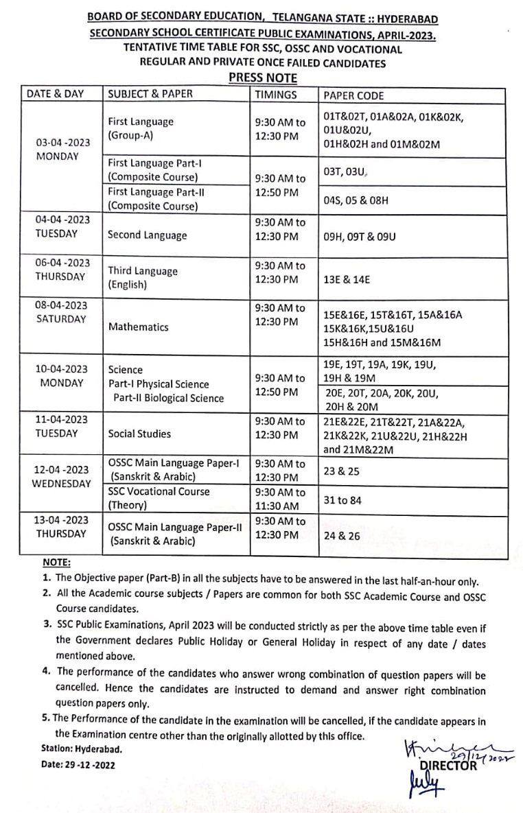 TS SSC/10th Exams 2023 Time Table BSE Telangana schedule for Class X