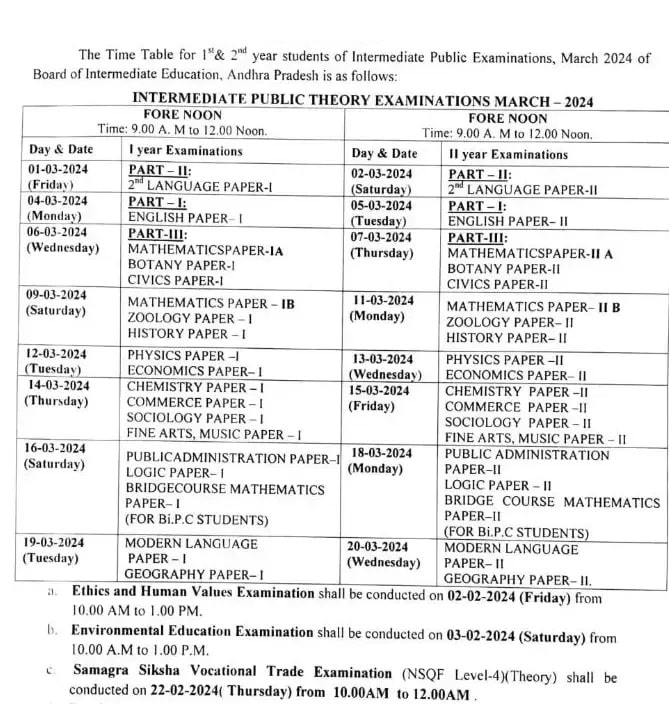 AP Inter Exams Time Table 2024 for 1st, 2nd year, BIE AP Intermediate