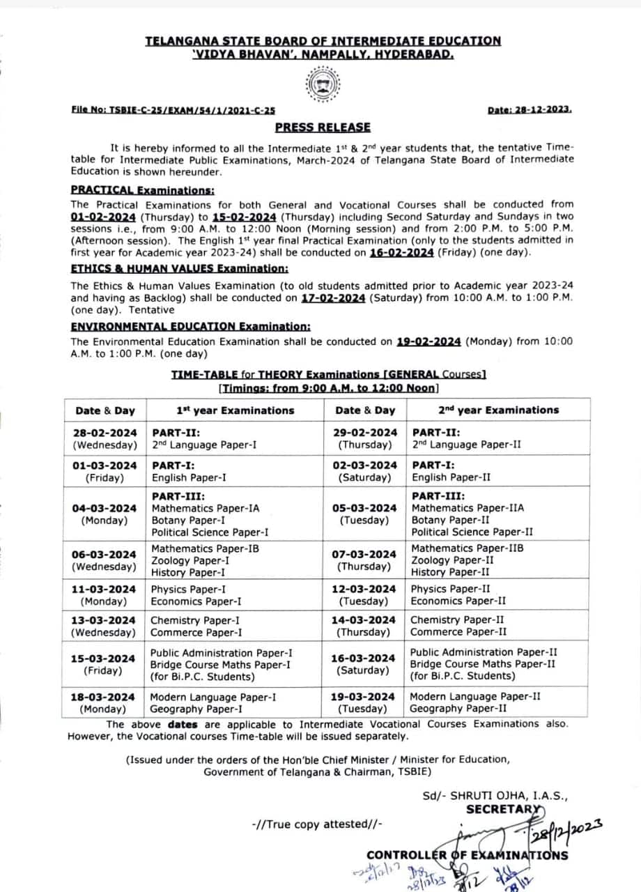 TS Inter March 2024 Exams Time Table download 1st Year 2nd Year IPE